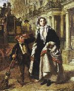 Lady waiting to cross a street, with a little boy crossing-sweeper begging for money. William Powell Frith